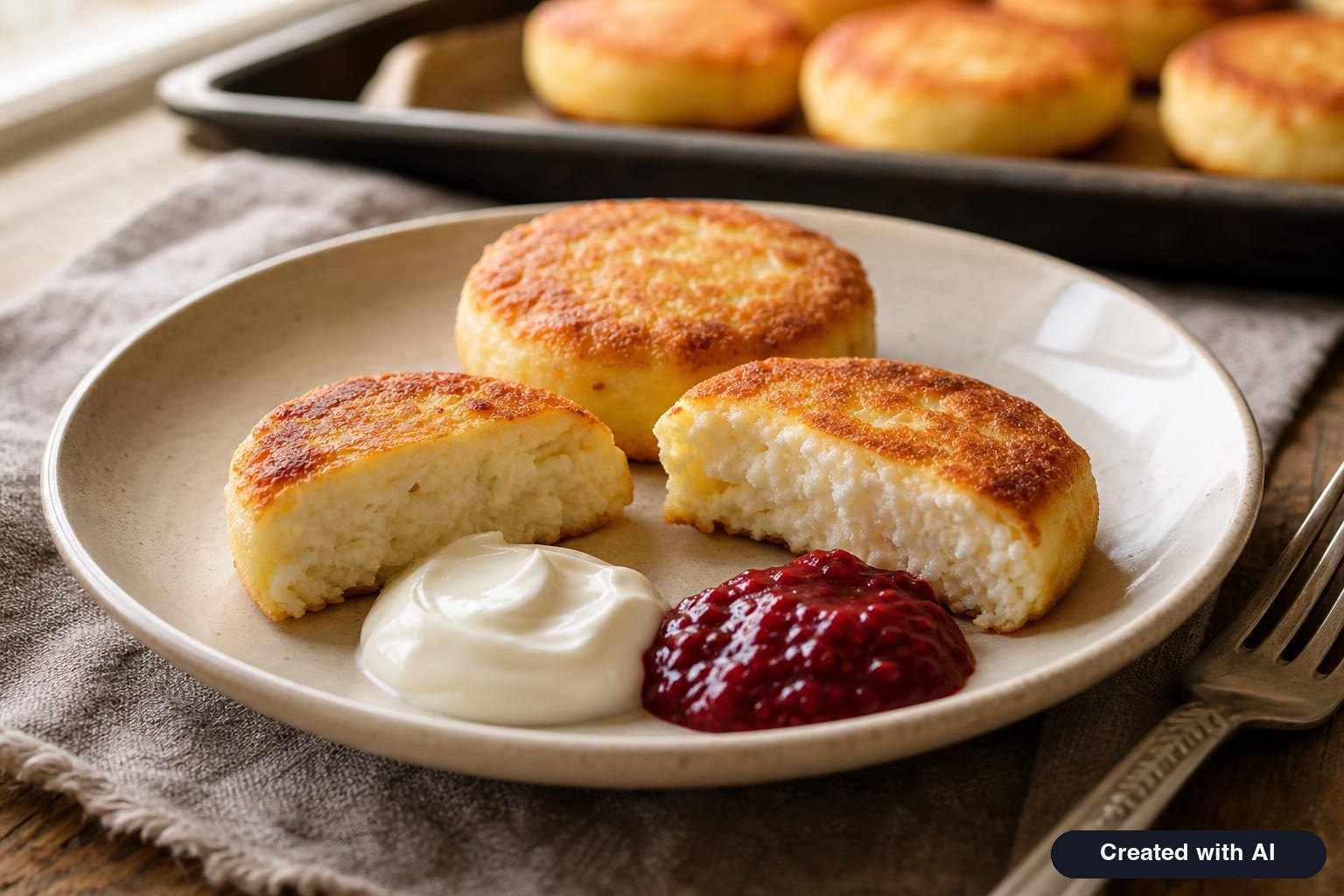 A baked syrnik broken open on a plate showing a golden crust and fluffy, moist cheese center, served with sour cream and jam