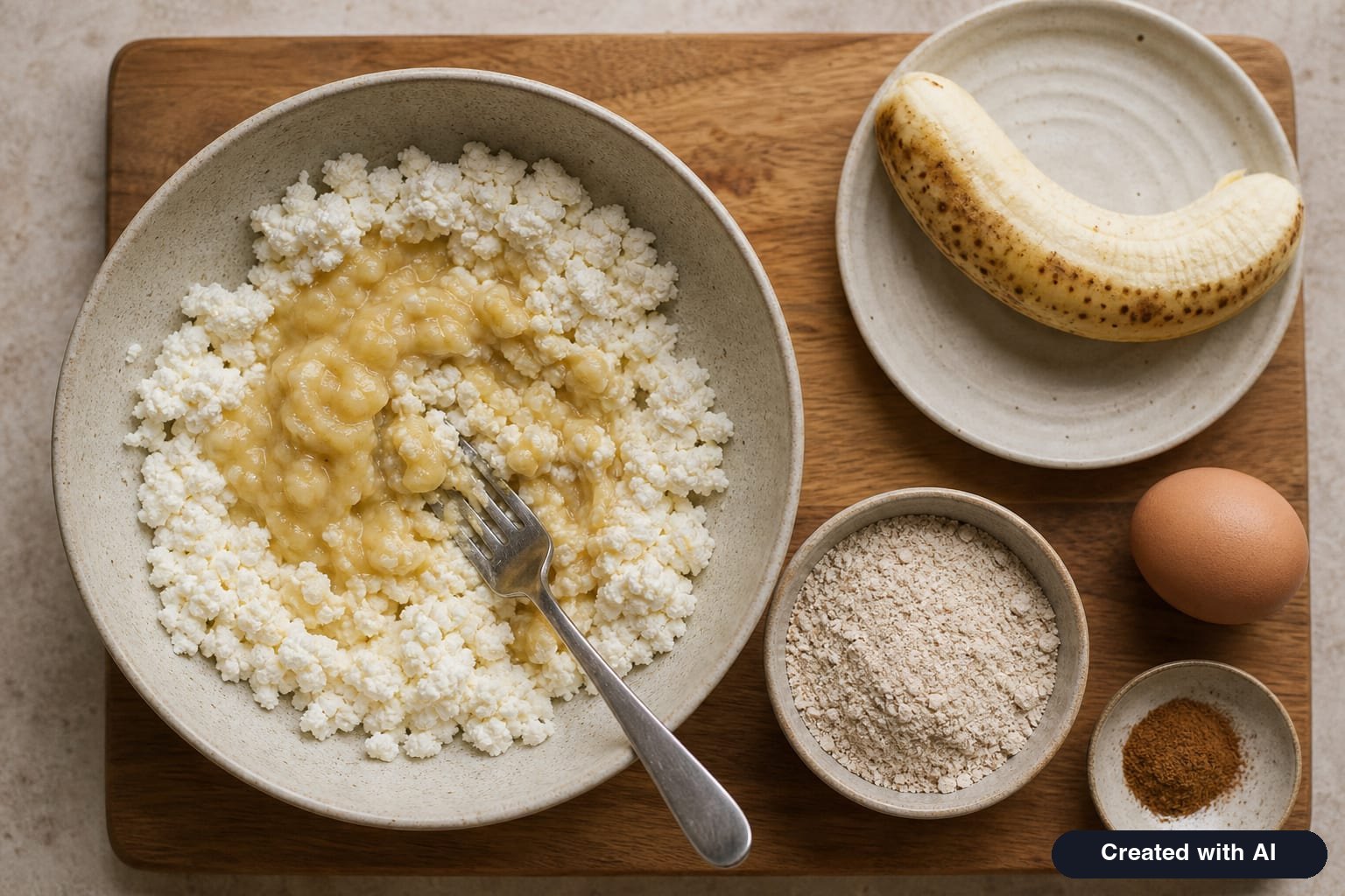 Farmer cheese and ripe bananas mashed with a fork in a bowl for healthy banana cottage cheese pancakes, alongside ground rolled oats, an egg, and cinnamon