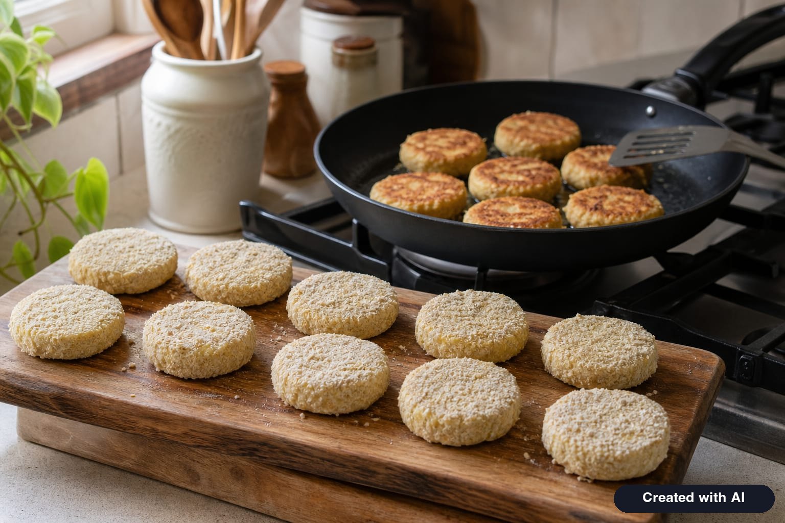 Banana cottage cheese pancakes coated in oat flour on a cutting board and a few already cooking in a non-stick pan