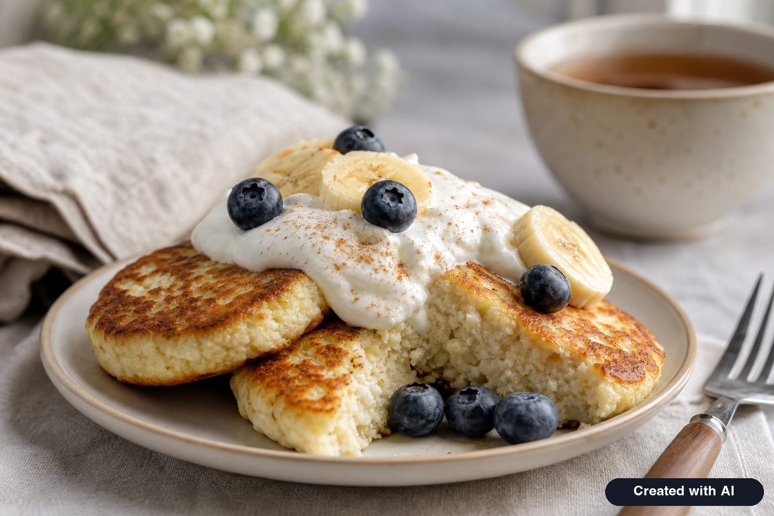 Three cooked banana cottage cheese pancakes on a plate with a spoonful of Greek yogurt, banana slices, blueberries, and cinnamon