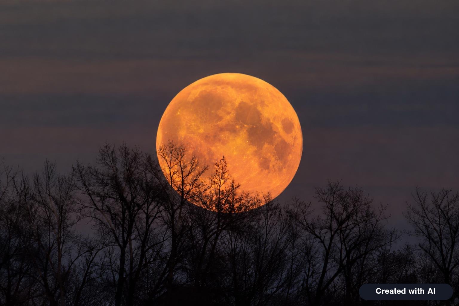 A bright full supermoon rising behind a silhouette of bare autumn trees during twilight.