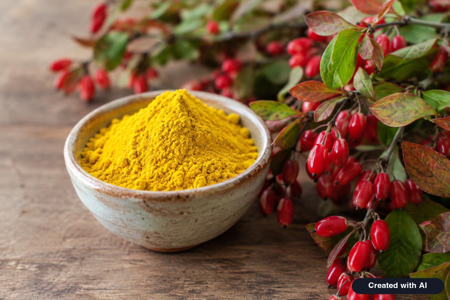 Yellow berberine powder in a small ceramic bowl beside barberry branches with red berries