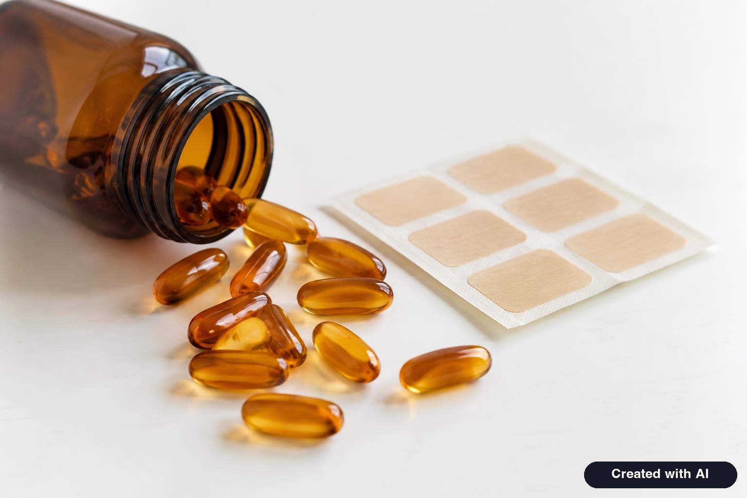 Amber capsules spilled from an unlabeled bottle next to a strip of adhesive patches