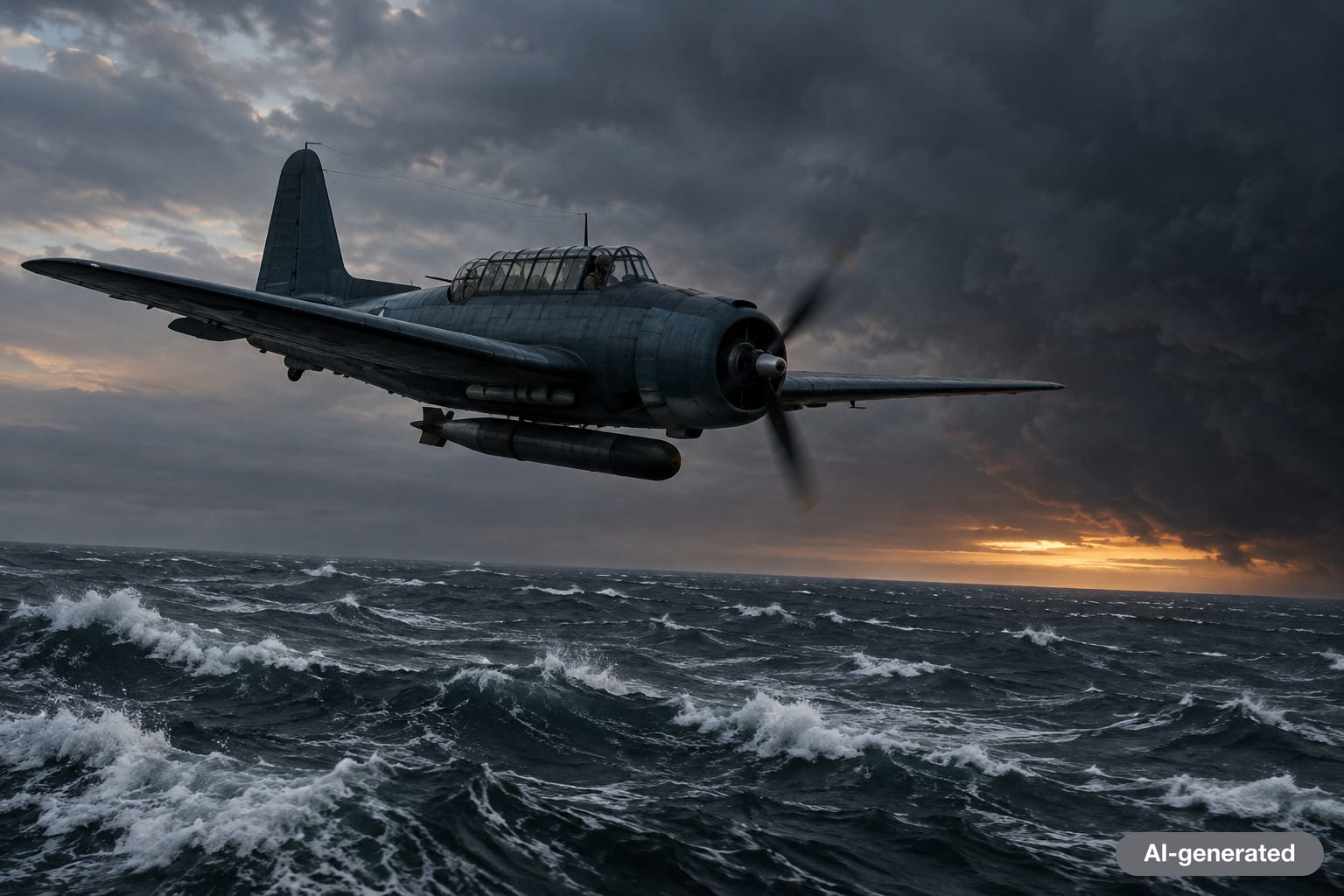 Vintage navy torpedo bomber flying low over a rough gray Atlantic sea under a darkening storm front