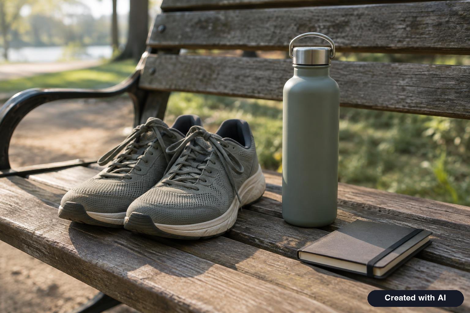 Walking shoes, a water bottle and a small notebook on a park bench