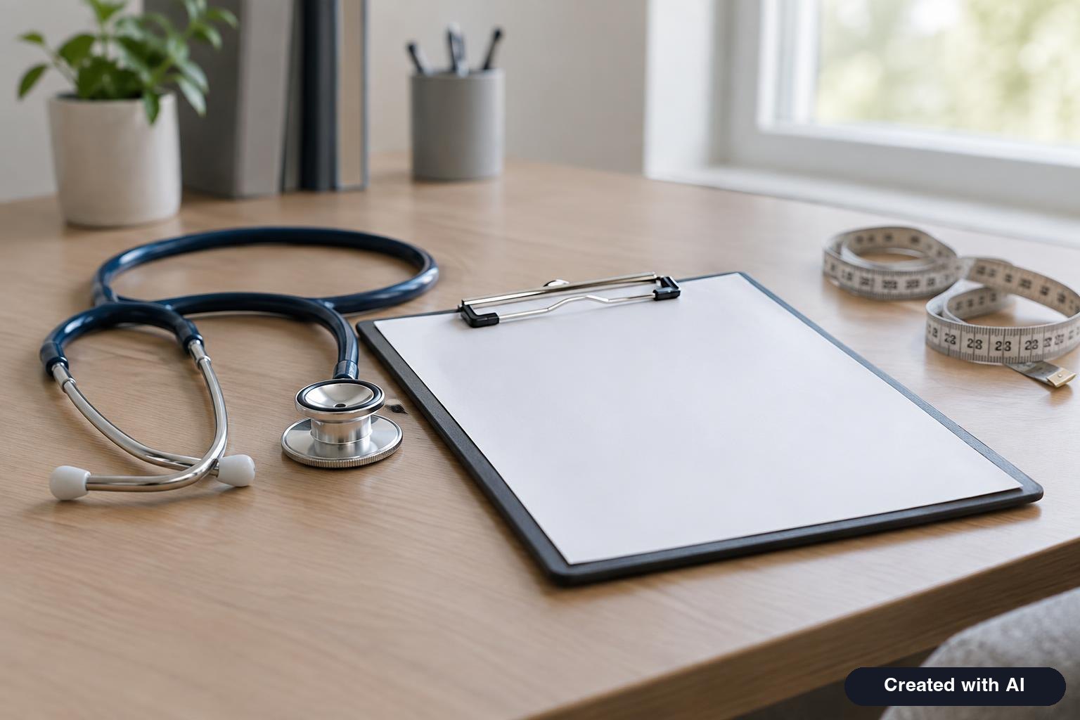 A doctor's desk with a stethoscope, a blank clipboard and a measuring tape