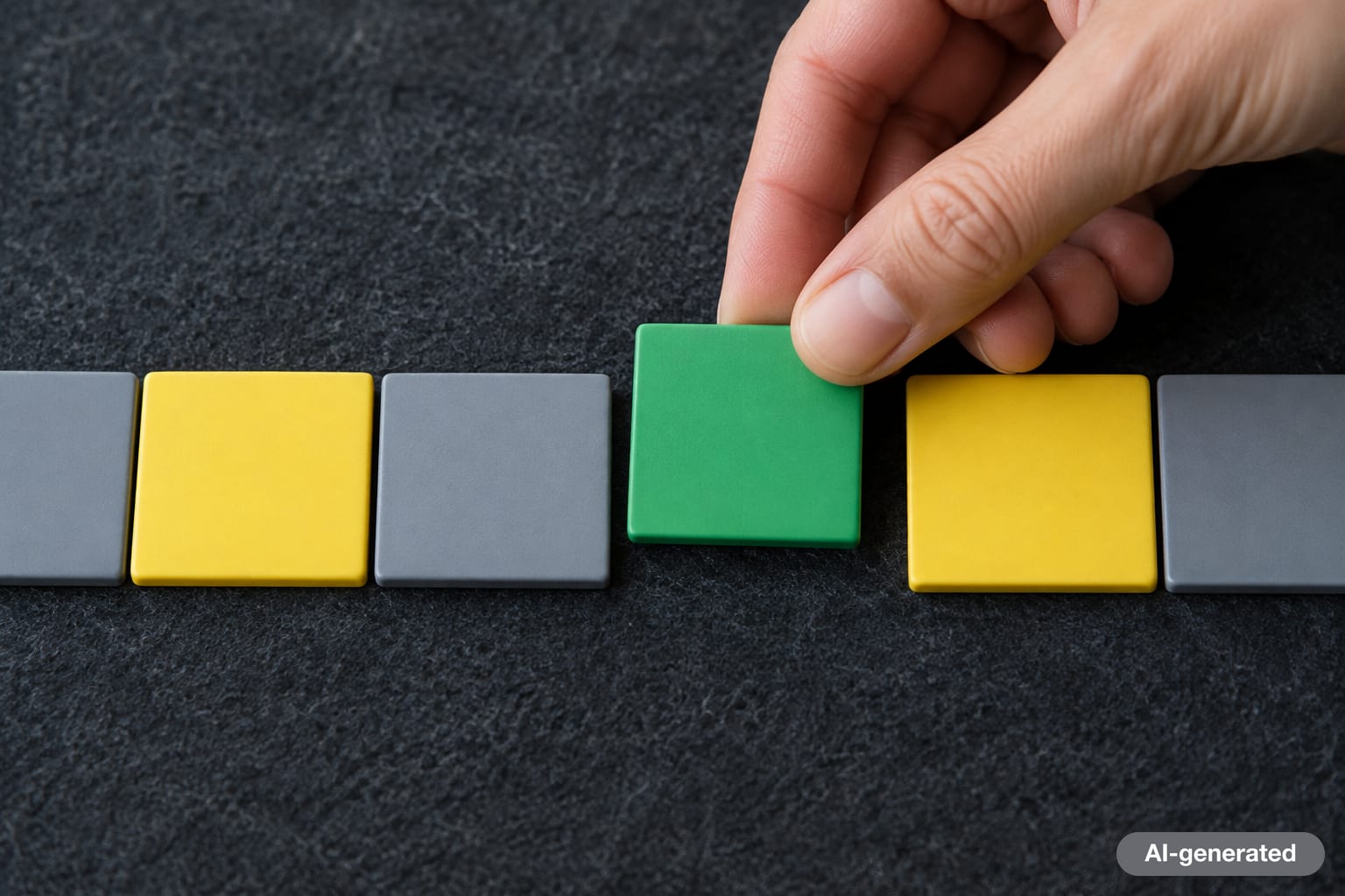 A hand placing a green tile next to gray and yellow tiles on a dark board