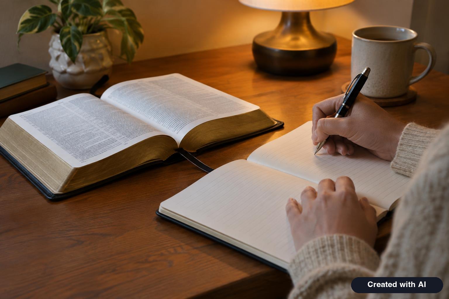A person writing in a journal next to an open Bible, face not visible