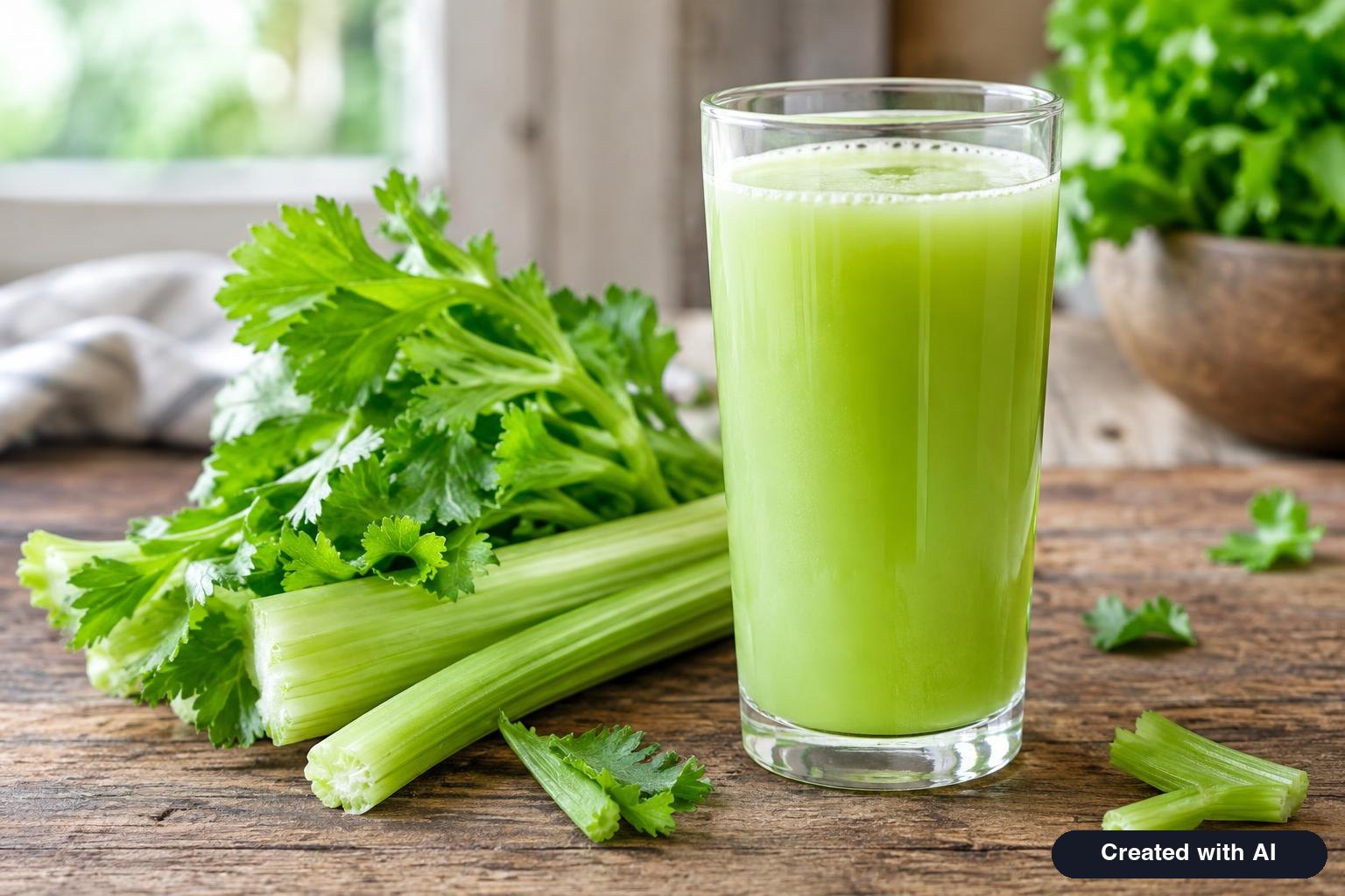 Tall glass of pale green celery juice with fresh celery stalks and leaves on a wooden table