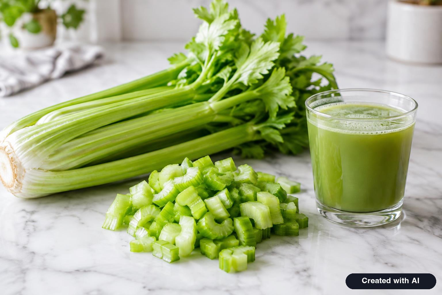 Whole celery stalks, chopped celery and a small glass of celery juice arranged on a marble counter