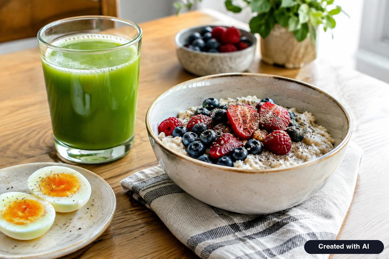 Breakfast table with a glass of celery juice beside a bowl of oatmeal with berries and a boiled egg