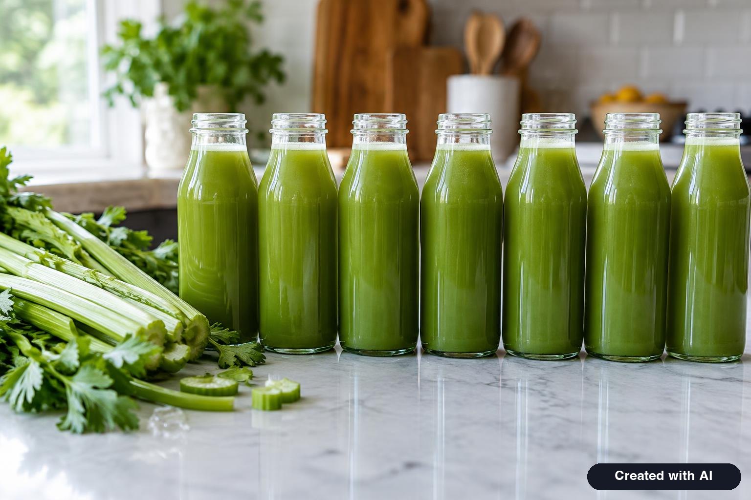 Seven glass bottles of green celery juice lined up on a kitchen counter next to fresh celery