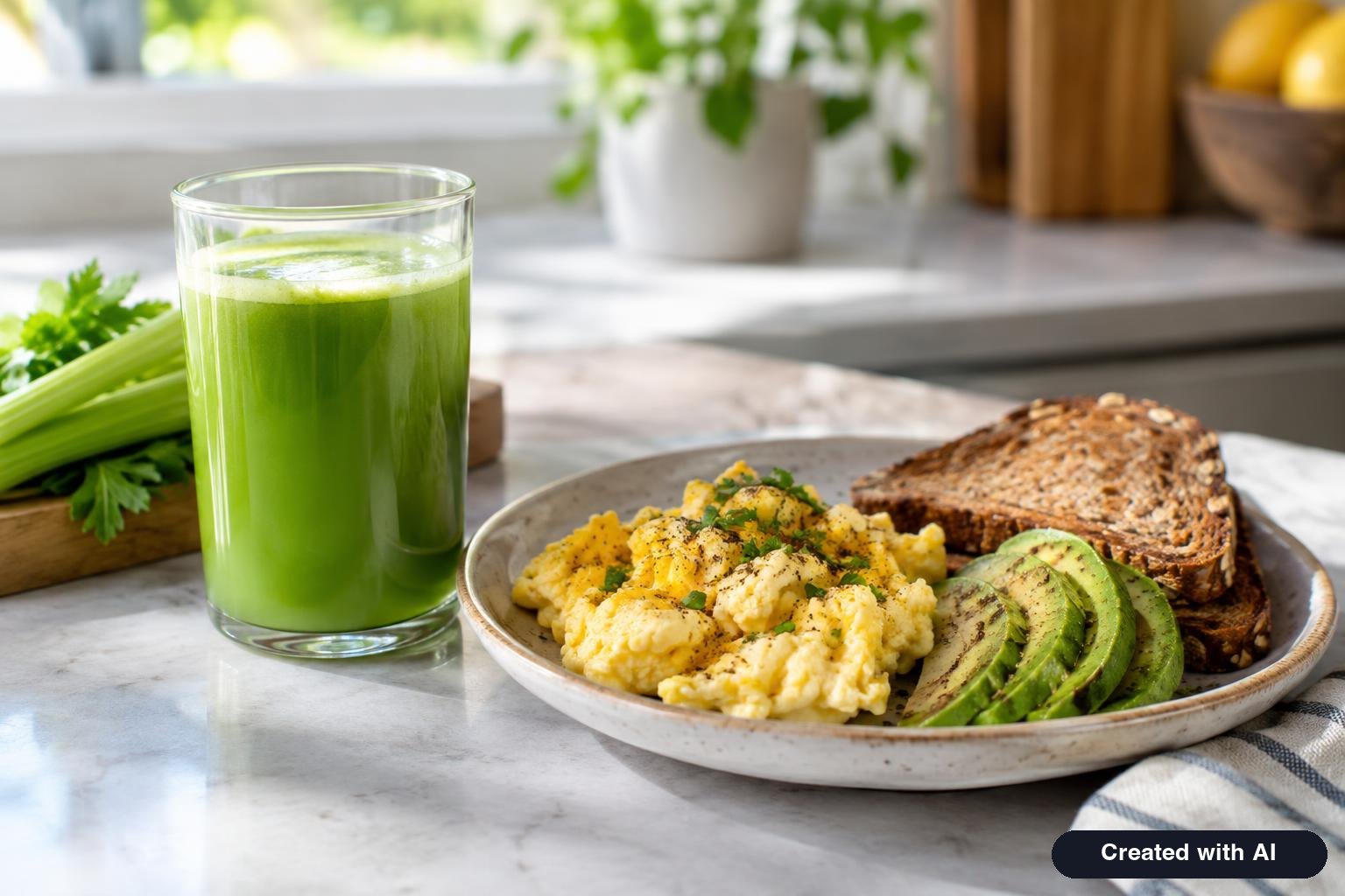 Morning kitchen scene with a glass of celery juice beside a plate of scrambled eggs, avocado and whole grain toast