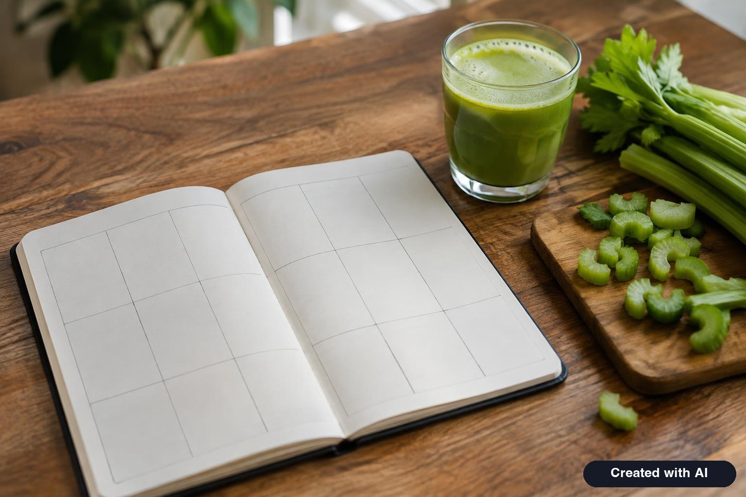 Notebook with a blank weekly planner page next to a small glass of celery juice and chopped celery on a desk
