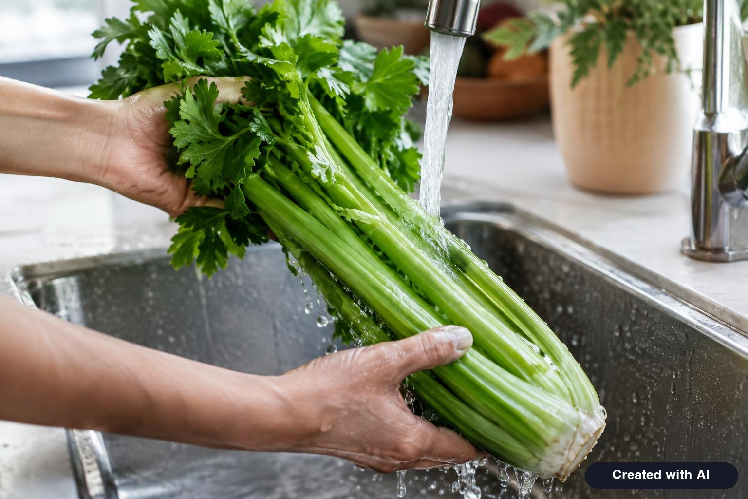Large bunch of fresh celery being rinsed under running water in a kitchen sink