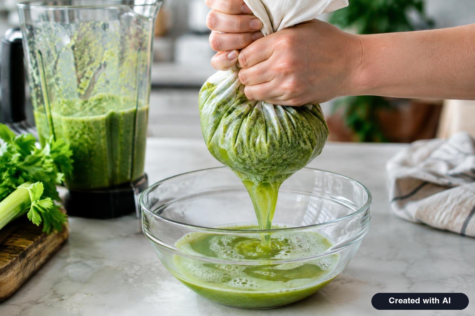 Hands squeezing blended celery through a nut milk bag over a glass bowl, with a blender in the background