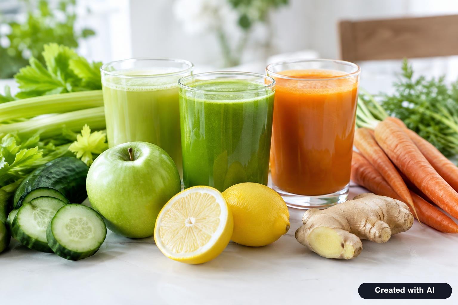Three glasses of juice in different shades of green and orange surrounded by celery, cucumber, green apple, lemon, ginger and carrots