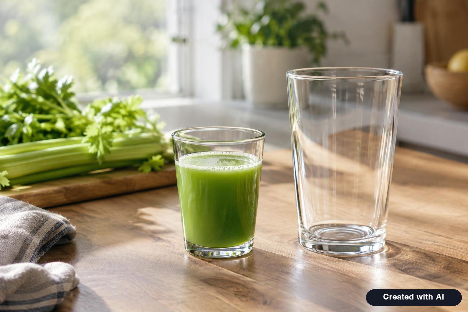 Small glass of celery juice next to a larger empty glass on a kitchen table in morning light