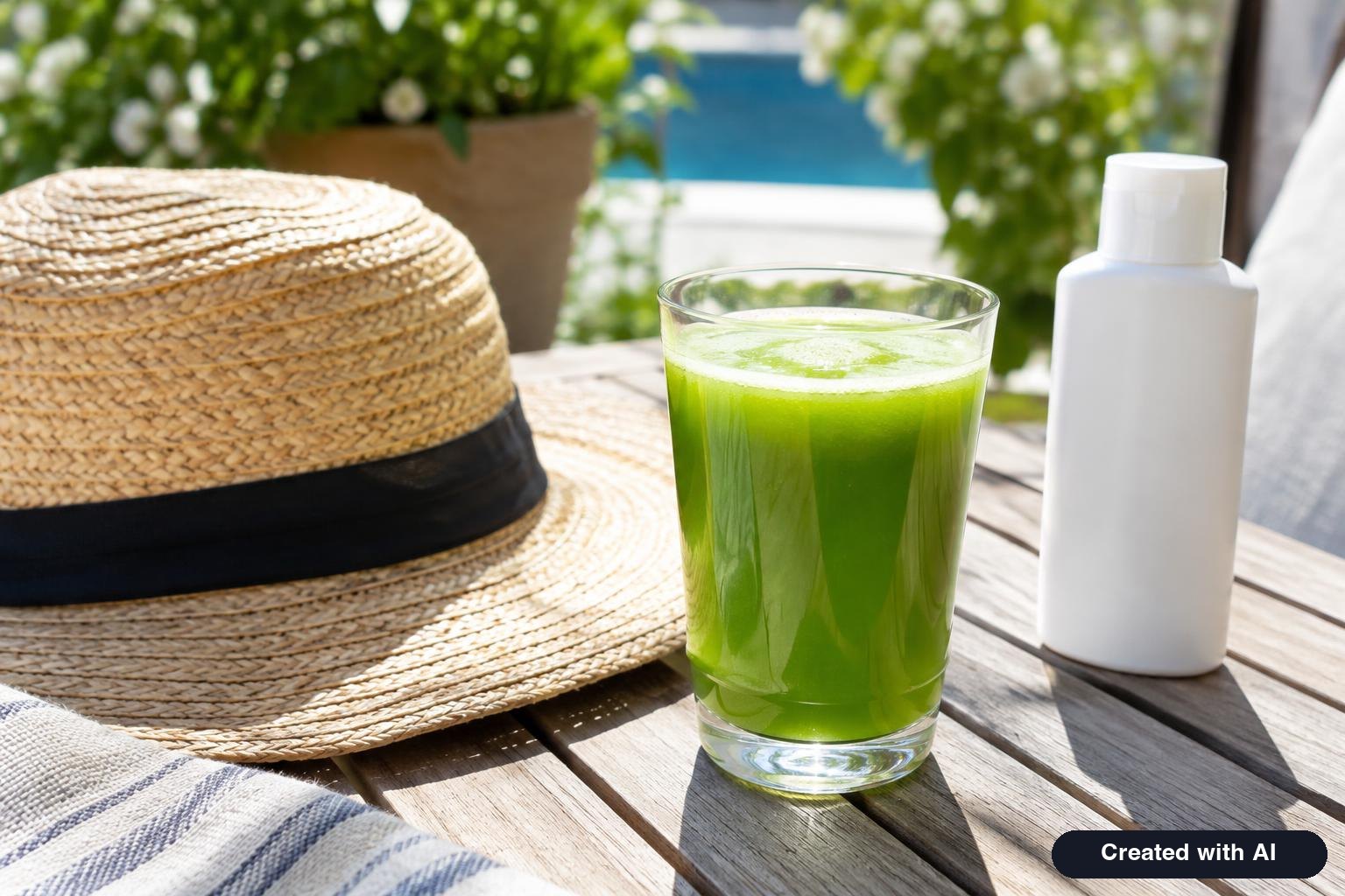 Glass of green celery juice on an outdoor patio table in bright sunlight beside a sun hat and sunscreen bottle without labels