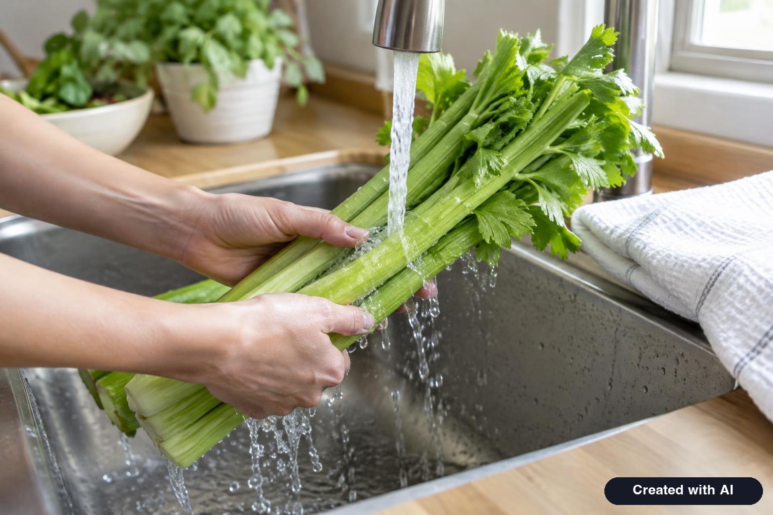Hands washing celery stalks under a kitchen faucet with a clean towel nearby