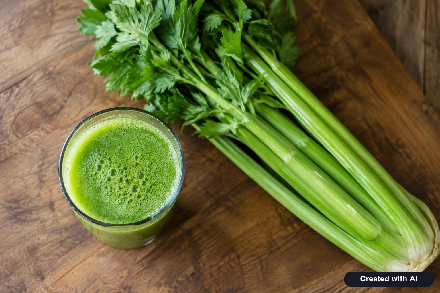 A glass of fresh green celery juice next to a bunch of celery on a kitchen counter