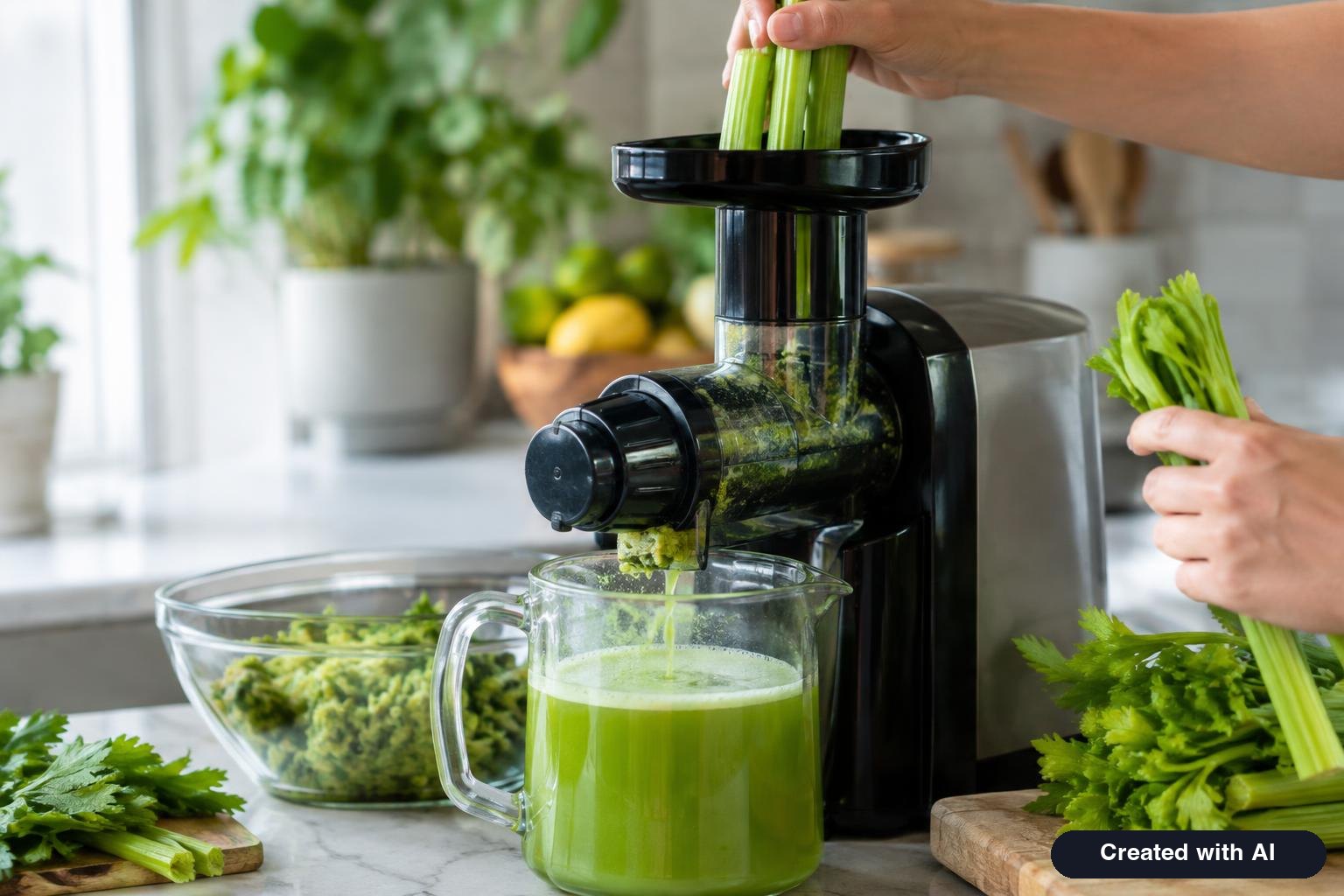 Washed celery stalks being fed into a slow juicer with green juice collecting in a pitcher