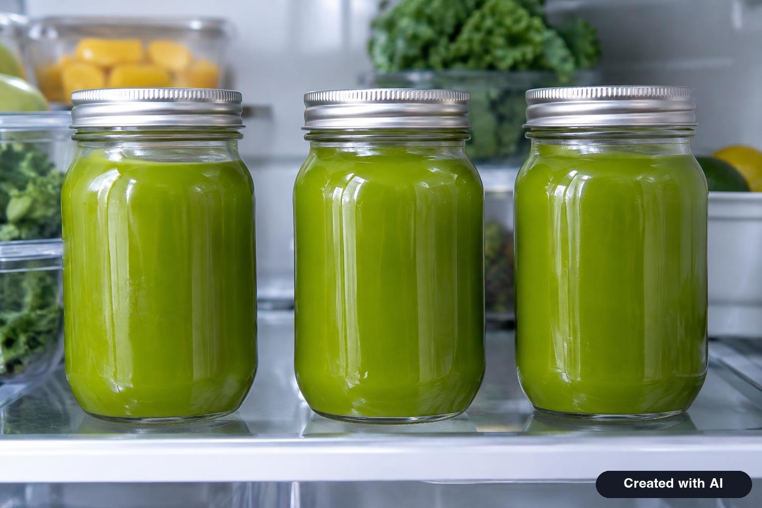 Sealed glass jars of green celery juice stored on a refrigerator shelf