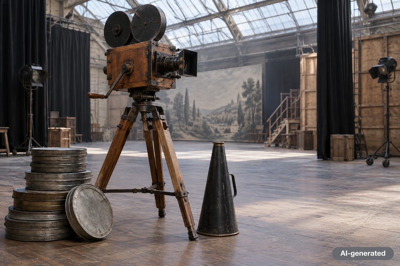 Hand-cranked 1910s film camera on a wooden tripod beside film cans and a director's megaphone on an empty studio stage