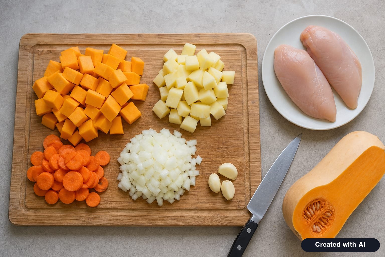 Pumpkin cubes, carrots, potatoes, onion, and chicken breast on a cutting board prepared for chicken pumpkin soup