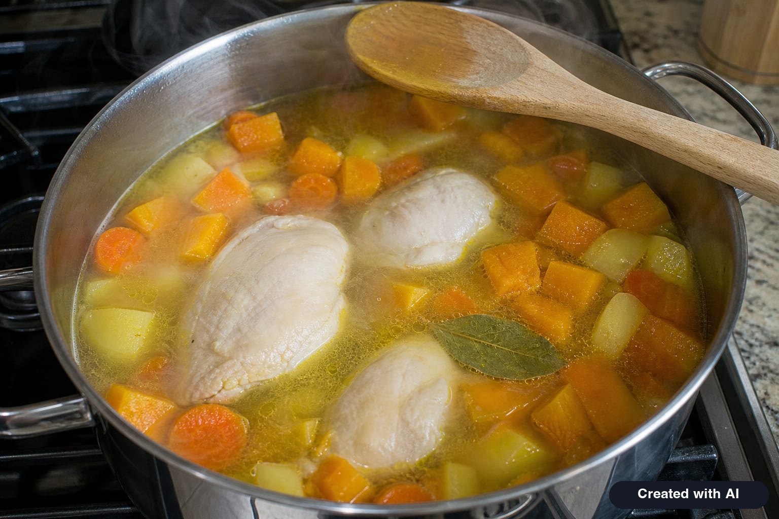 Chicken pumpkin soup simmering in a pot: pumpkin and potato chunks in broth and two whole chicken breasts