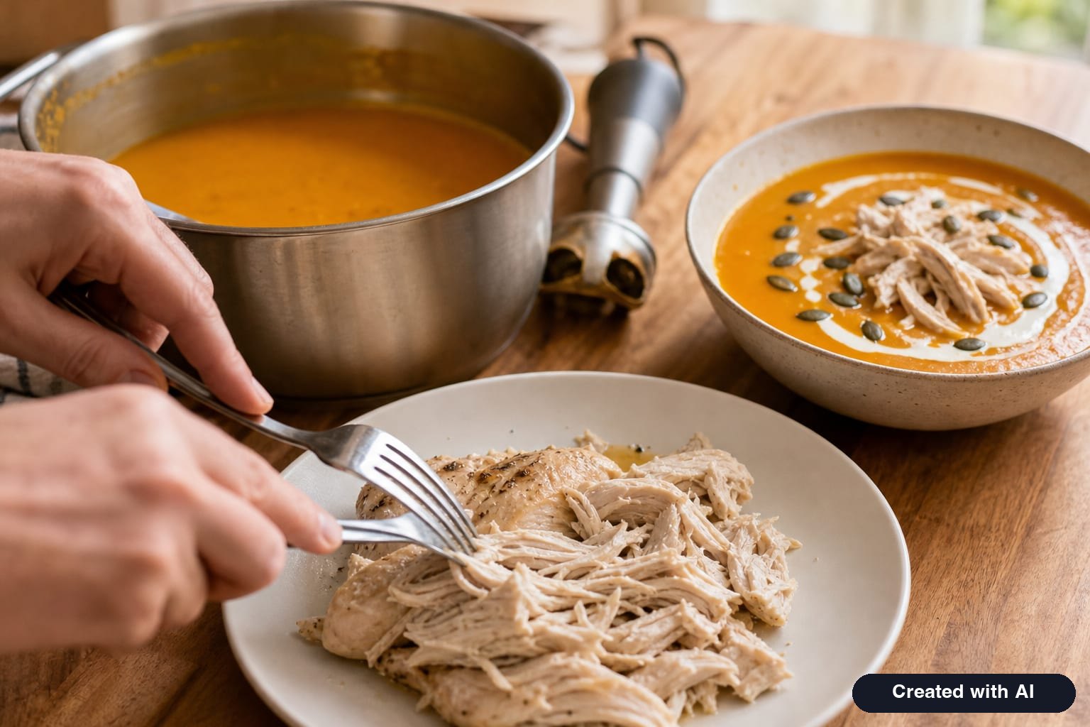 Puréed chicken pumpkin soup in a bowl: shredded chicken pieces, a swirl of heavy cream, and roasted pumpkin seeds