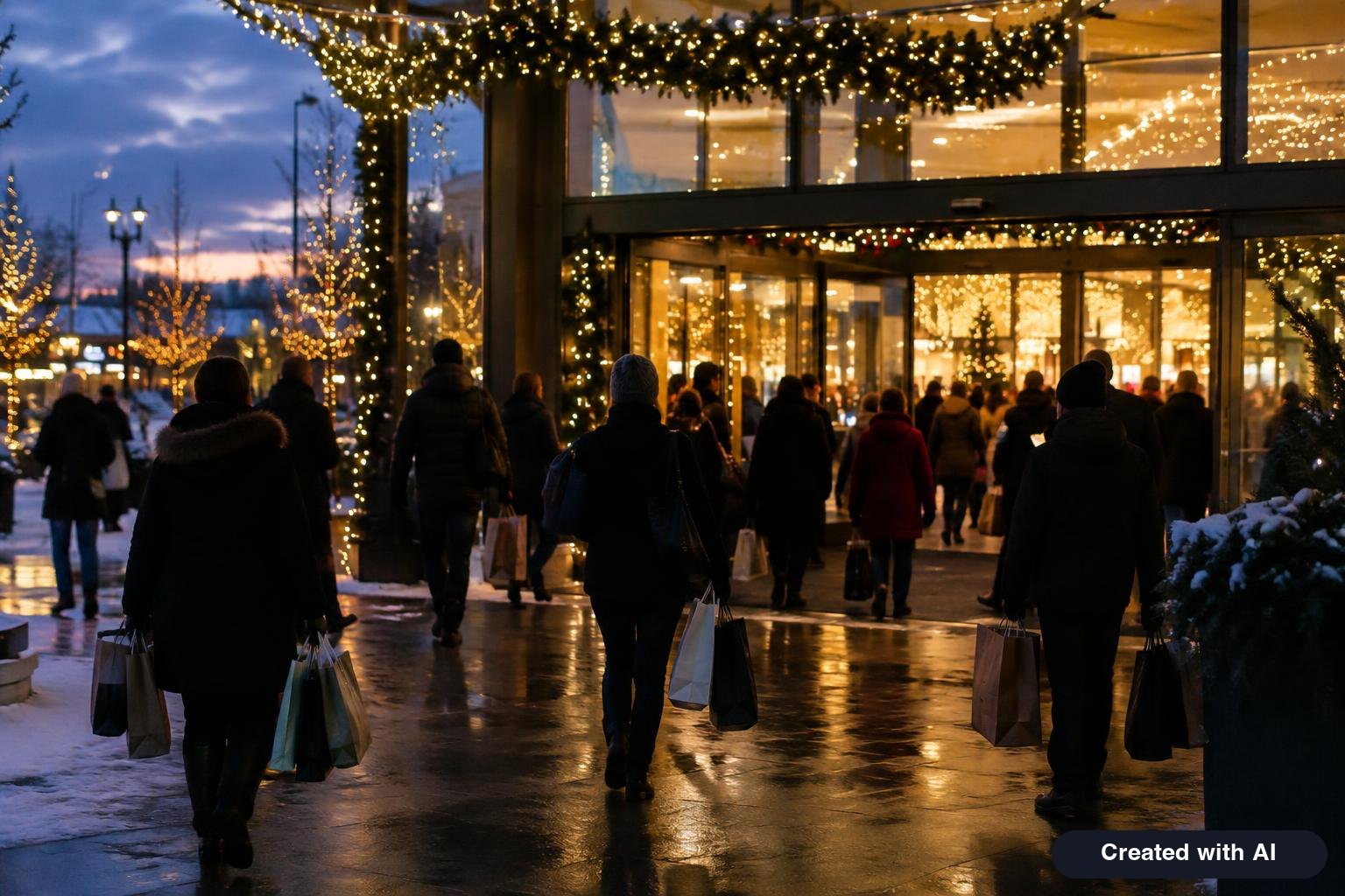 A busy store entrance at dusk on a winter evening with shoppers silhouetted carrying bags and holiday lights overhead