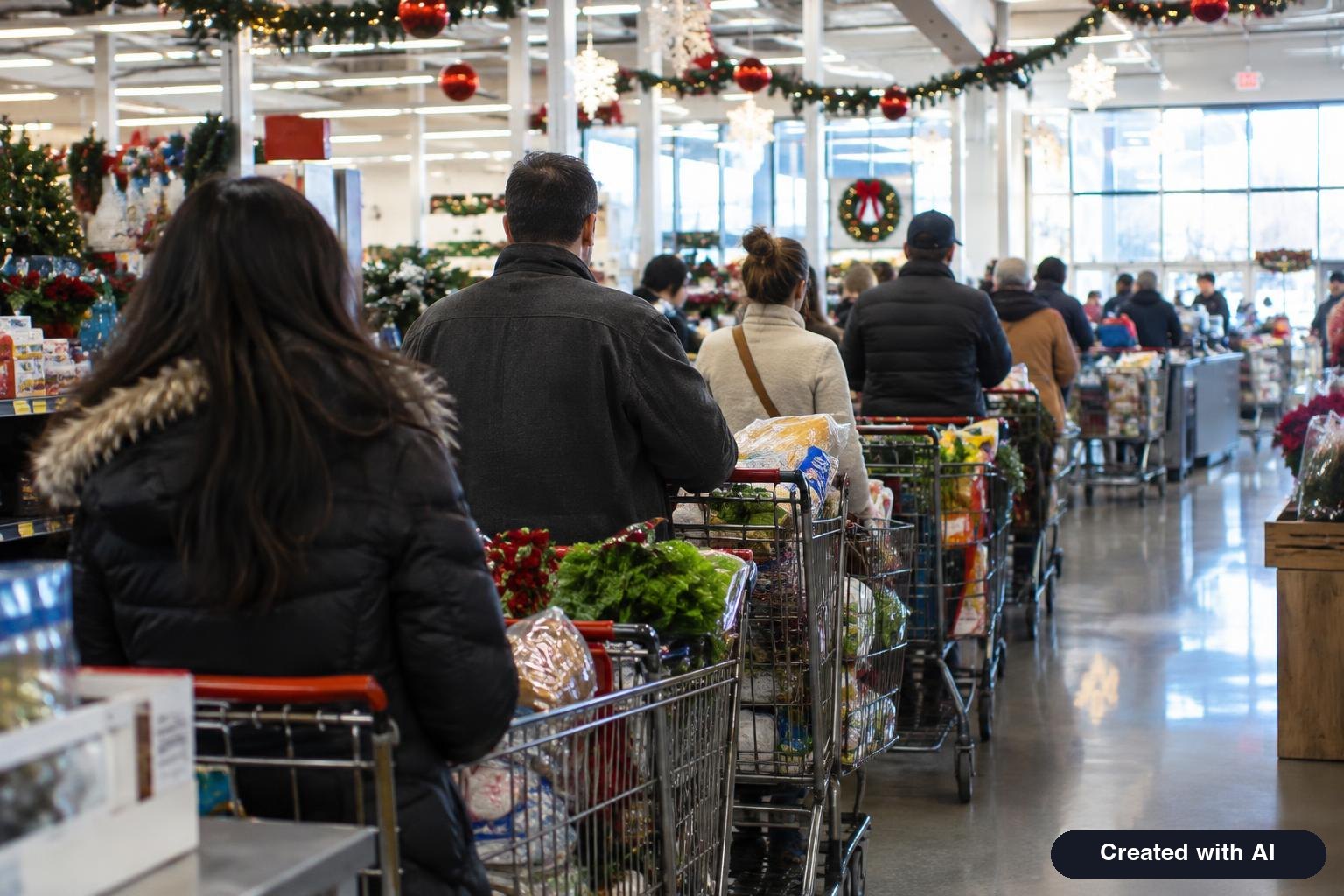 A long supermarket checkout line seen from behind with full carts and holiday decorations hanging from the ceiling