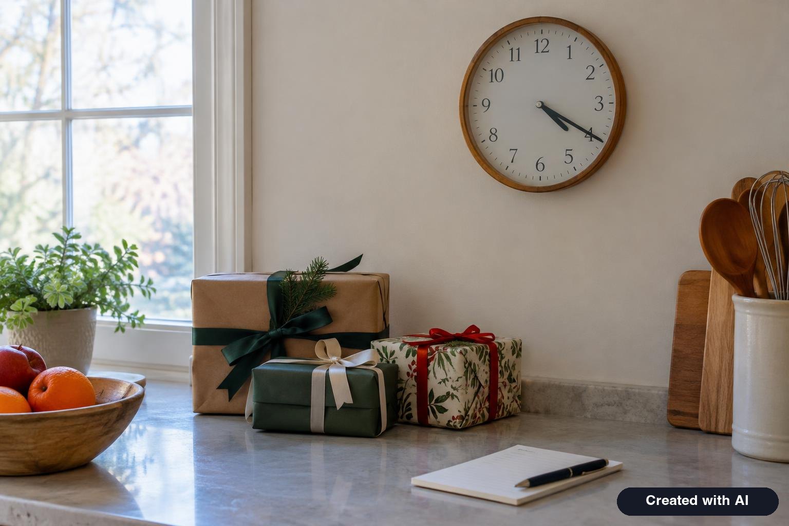 A wall clock showing late afternoon above a kitchen counter with wrapped gifts and a shopping list