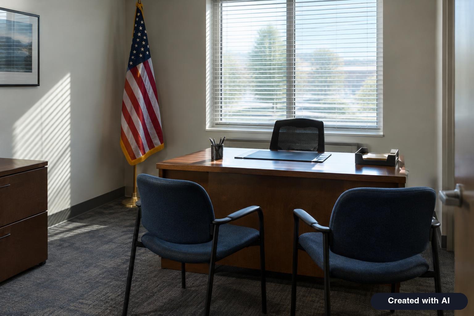 A plain government office with a desk, two chairs facing each other and an American flag in the corner