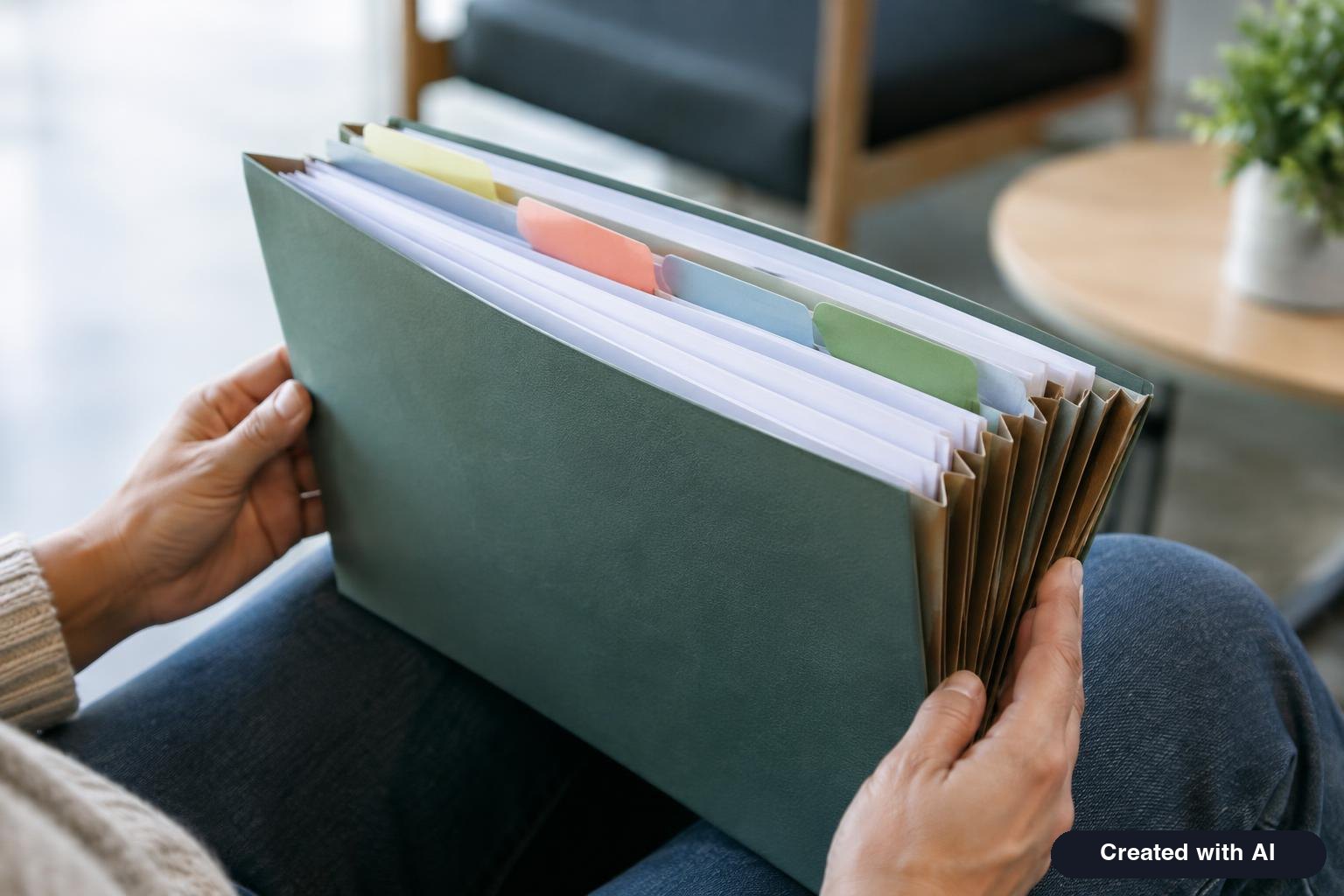 An organized accordion folder with labeled sections holding original documents, resting on a lap in a waiting area
