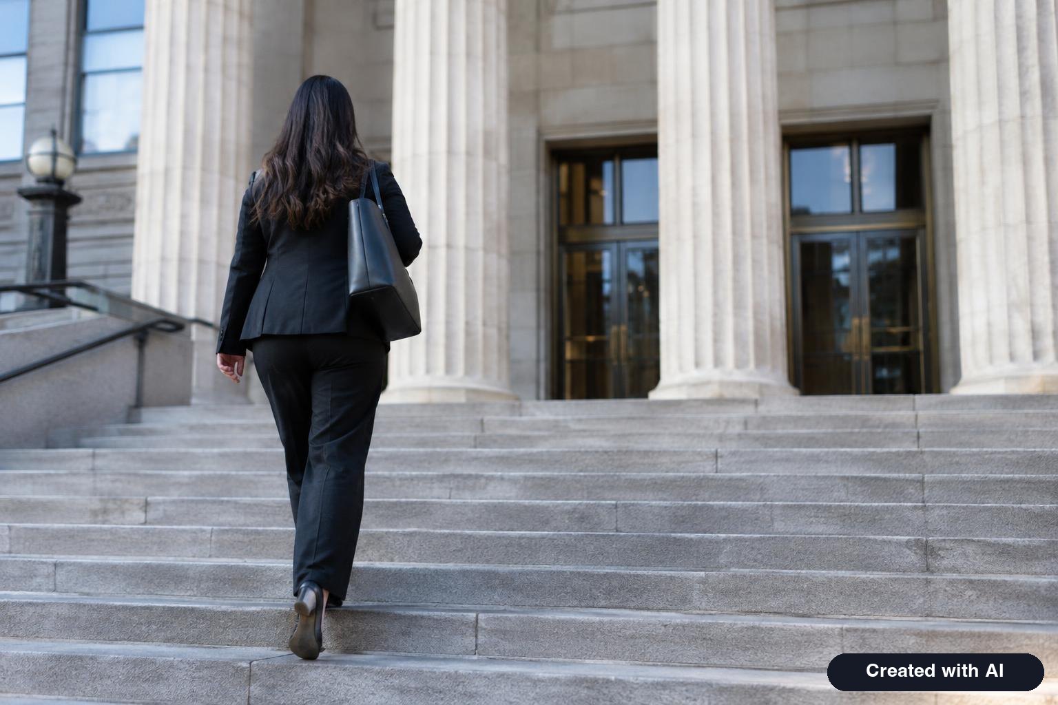 A person seen from behind walking up the steps of a federal office building on a clear morning