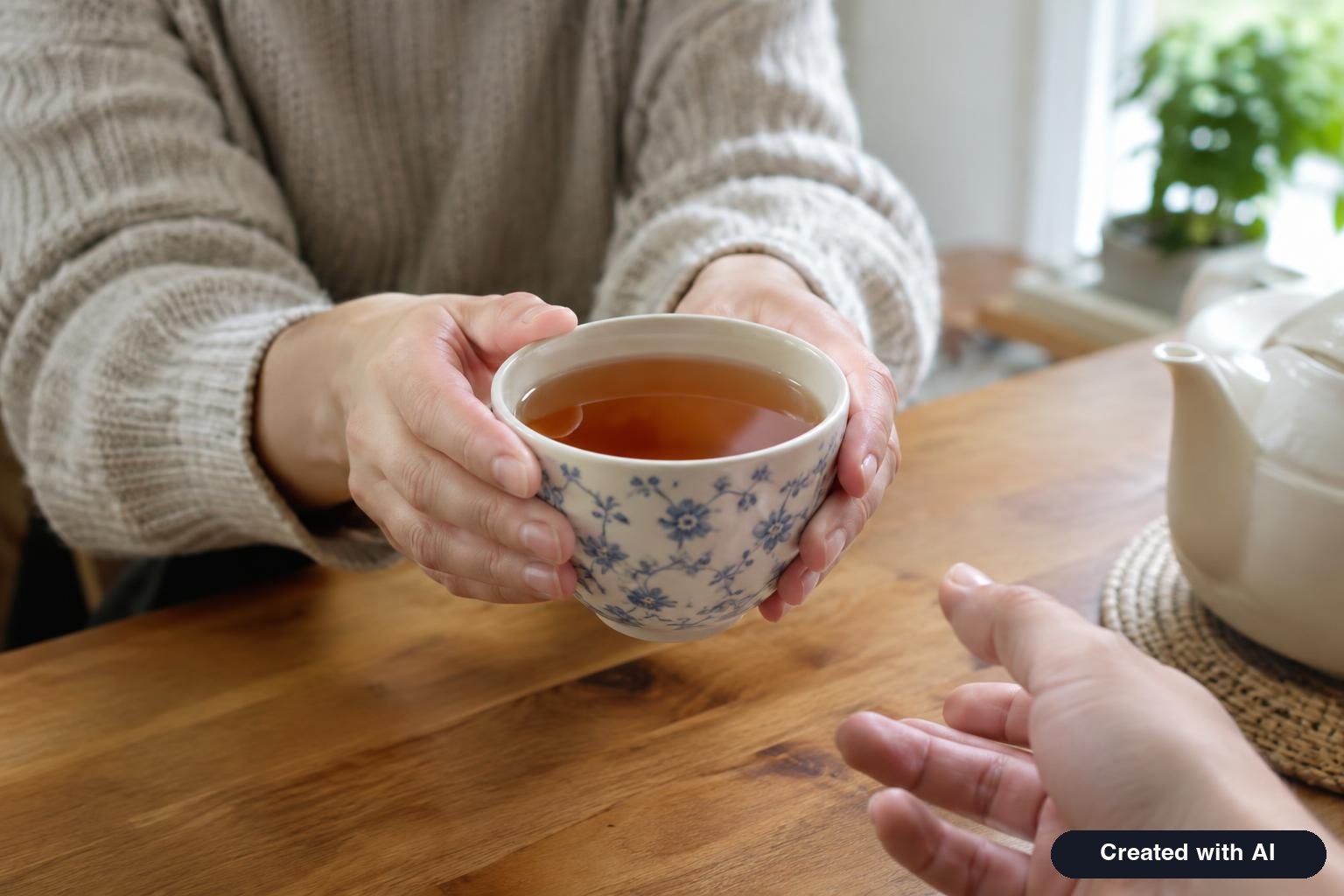 A person's hands holding a full cup of tea out to someone else across a kitchen table