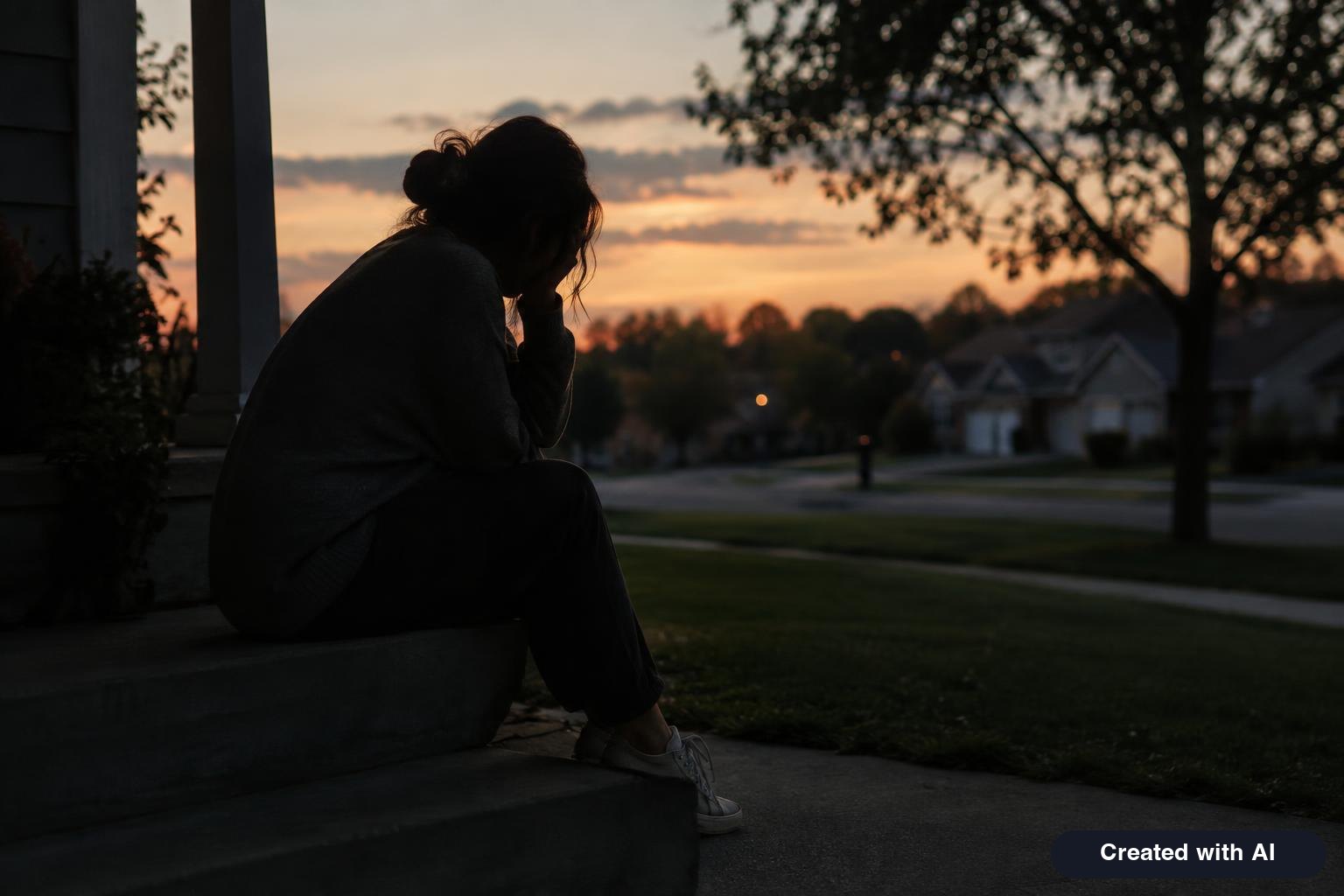 A person sitting alone on a front porch step at dusk, seen from the side with face in shadow
