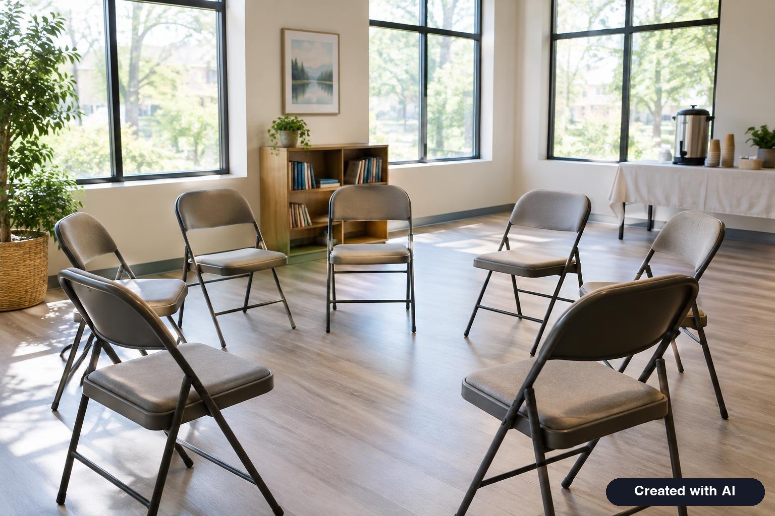 A circle of empty chairs in a bright community room prepared for a support group meeting