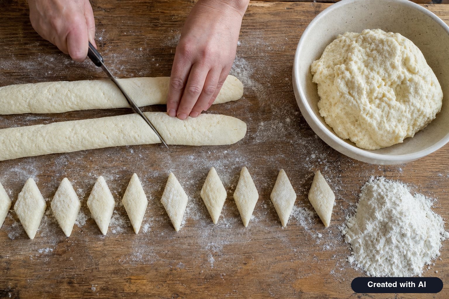 Logs of farmer cheese dough on a floured board, being cut into pieces with a knife for lazy vareniki