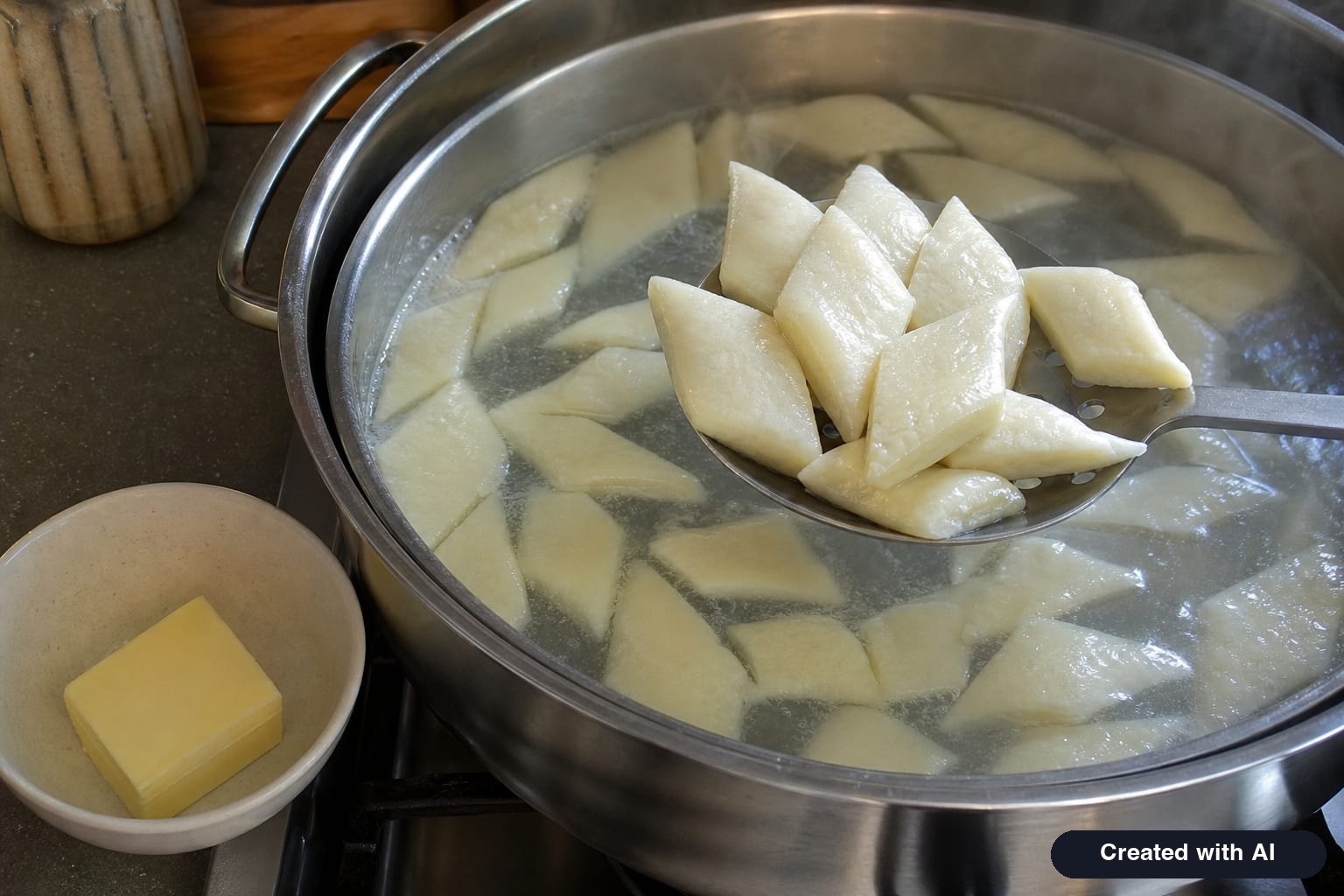 Boiled lazy vareniki floating to the surface in a gently simmering pot of water, the first batch being scooped out with a skimmer