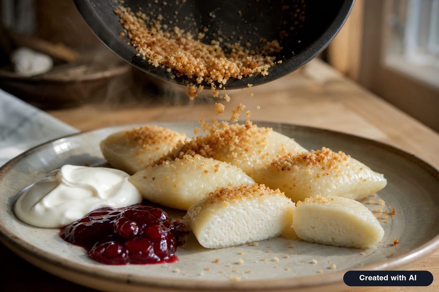 A plate of lazy vareniki sprinkled with butter-toasted breadcrumbs, served with a spoonful of sour cream and jam