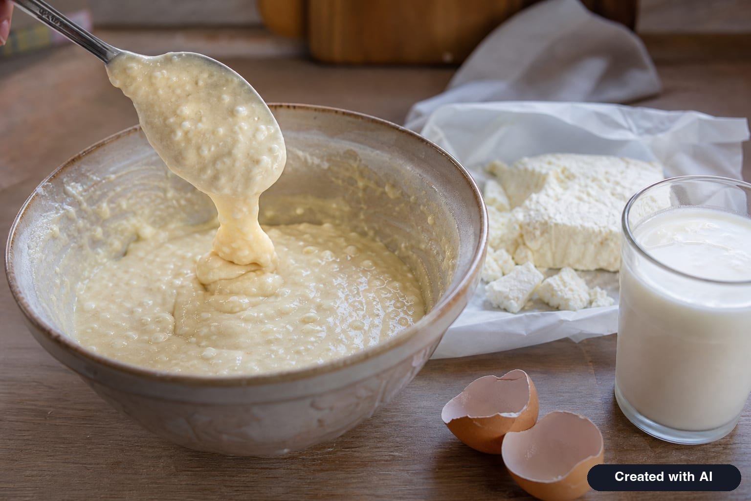 Thick cottage cheese kefir pancake batter in a bowl, falling slowly from a spoon