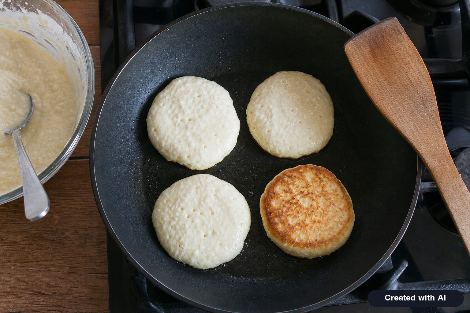 Four fluffy cottage cheese kefir pancakes cooking in a skillet, one just flipped golden side up