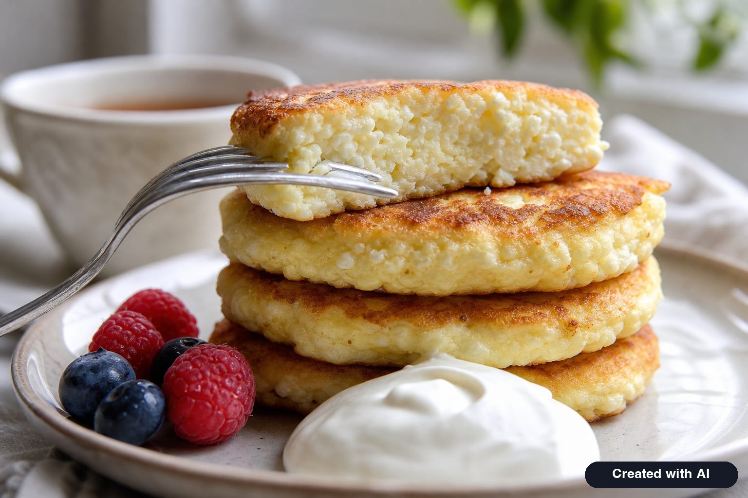 A stack of cottage cheese kefir pancakes on a plate with sour cream and berries, one pancake cut open to show a porous soft inside