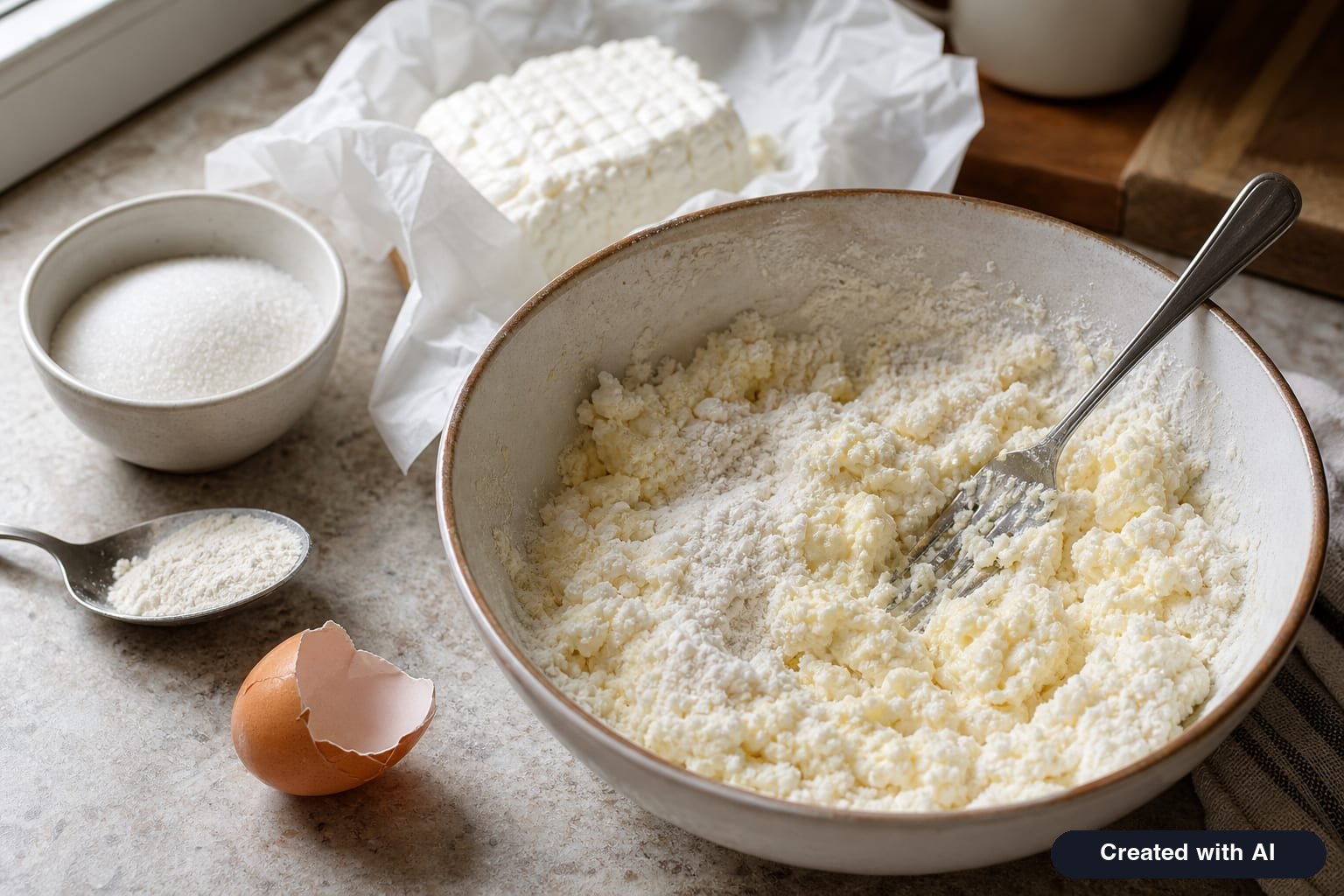 Cottage cheese pancake dough in a bowl: mashed farmer cheese with egg, sugar, and flour, next to a package of cheese and eggshells