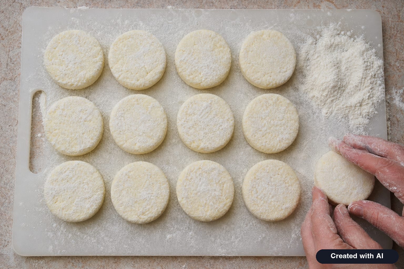 Shaped uncooked cottage cheese pancakes, coated in flour and arranged on a floured cutting board before frying