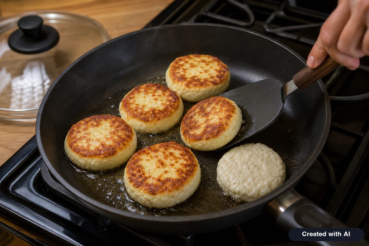 Fried cottage cheese pancakes in a skillet: six golden pancakes, one being flipped with a spatula