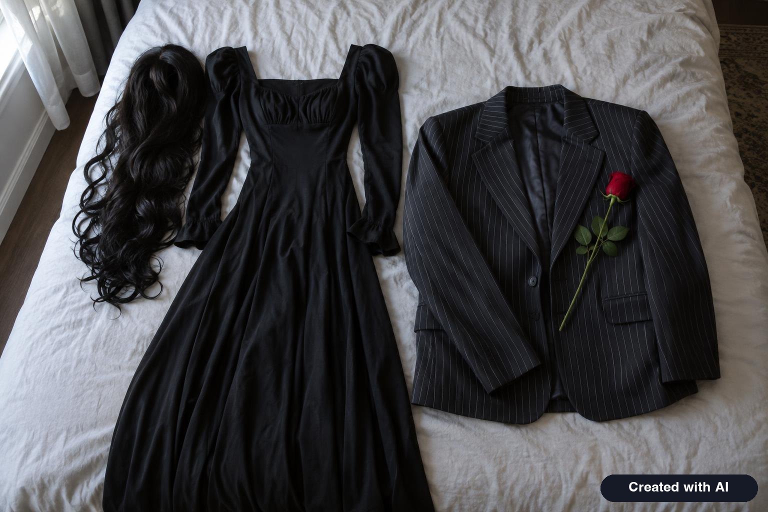 Two sets of Halloween costume pieces side by side on a bed, a long black dress with a dark wig and a pinstripe suit with a red rose